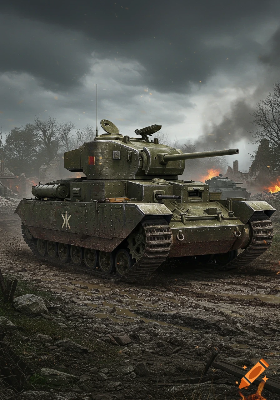 A green WW2 era tank sits on a muddy battlefield with burning buildings and trees under a stormy sky.
