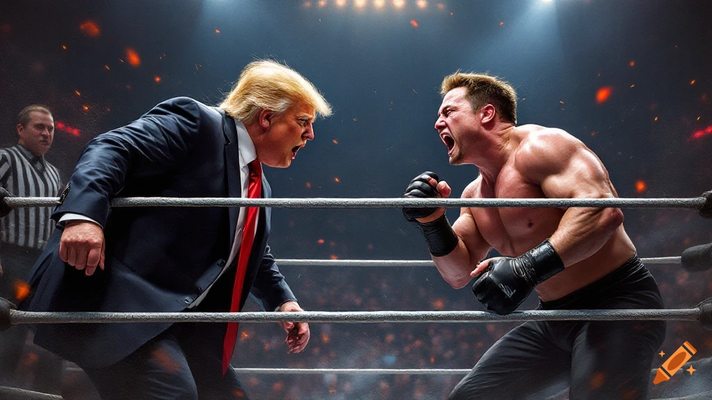 Donald Trump in a suit and Elon Musk shirtless face off intensely in a wrestling ring, photorealistic.