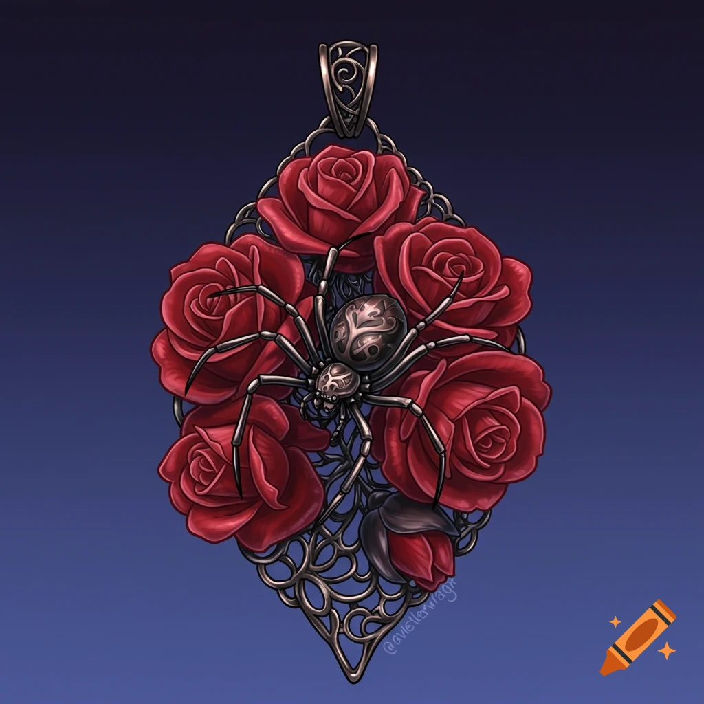 Ornate gothic pendant with a spider on red roses against a dark blue background, digital illustration style.