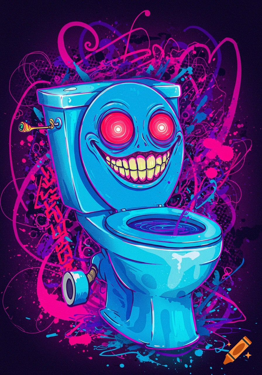 Cartoon toilet with a creepy face surrounded by neon pink and purple abstract art.