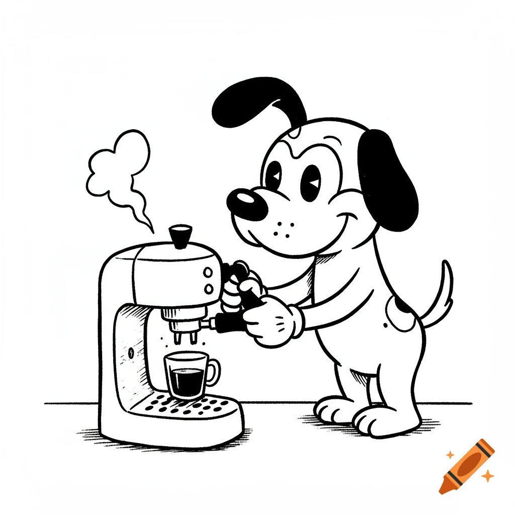 A cartoon dog makes coffee using an espresso machine in a simple line drawing style.