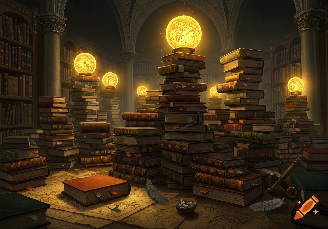 A fantasy library filled with tall stacks of books topped with glowing, map-like orbs.
