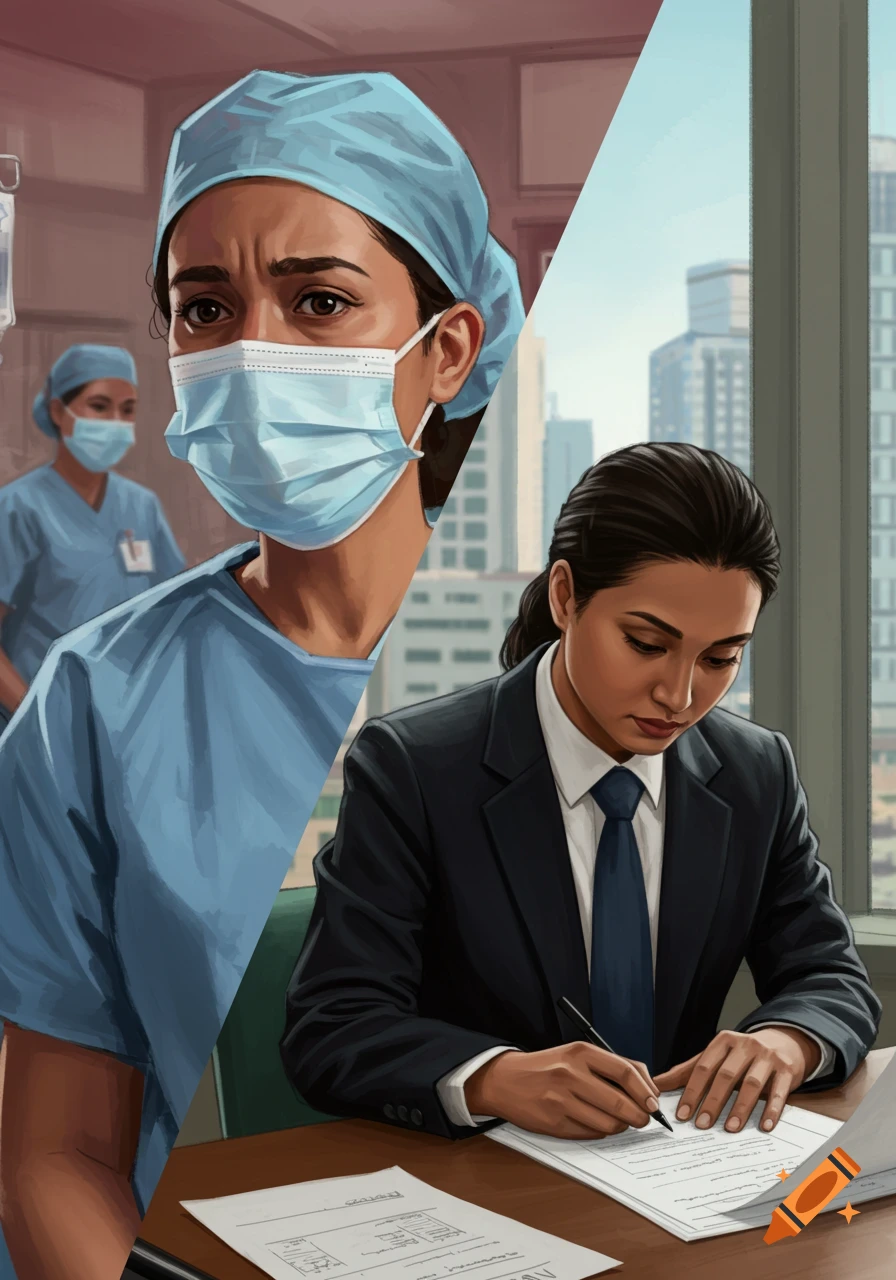 Split illustration comparing a masked healthcare worker during the pandemic with a lawyer signing papers.
