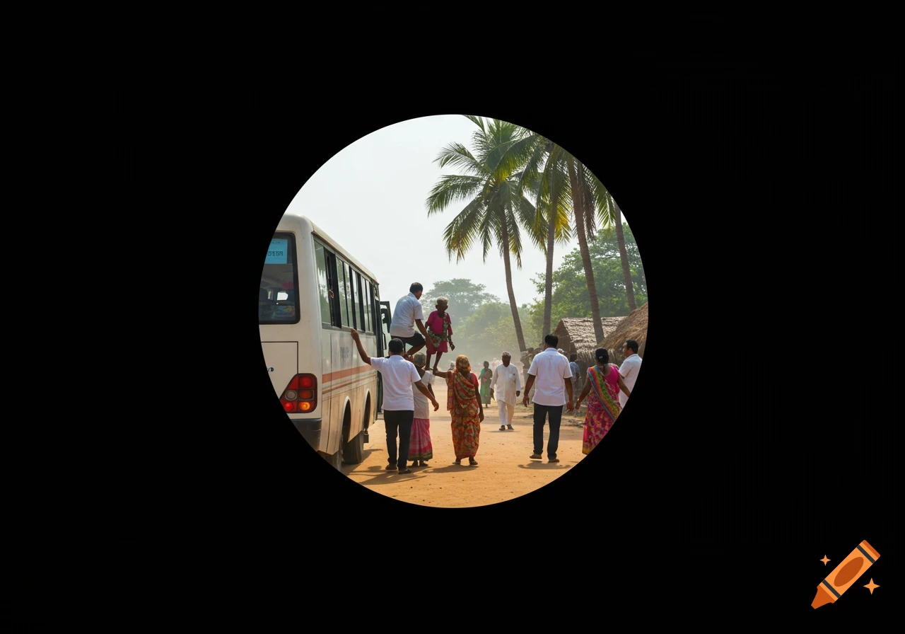 People climbing a bus in a rural Indian village, palm trees in circular frame