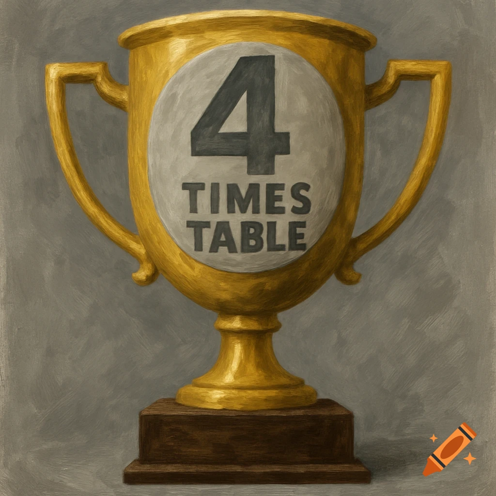 A painted image of a golden trophy with the text '4 TIMES TABLE'.