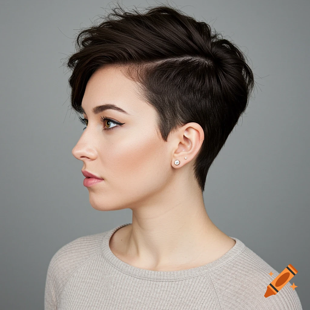 Profile portrait of a woman with a short undercut haircut.