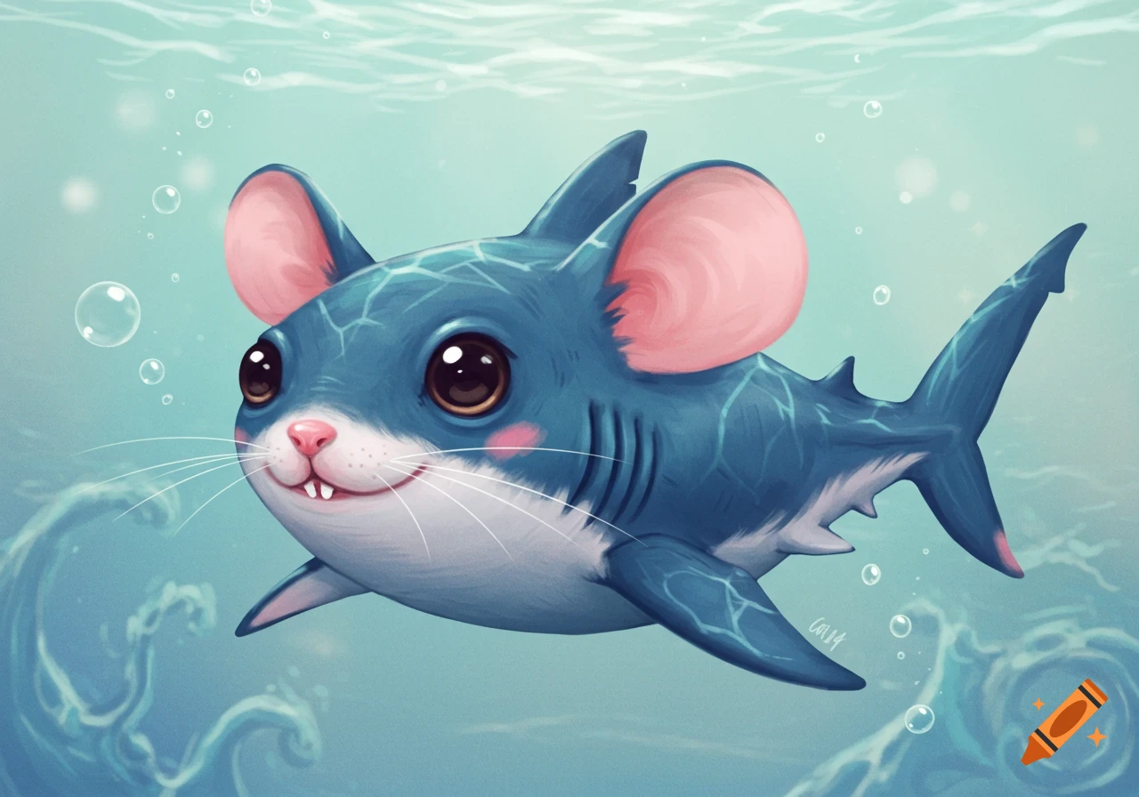 Cute cartoon mouse-shark creature swimming underwater with bubbles.