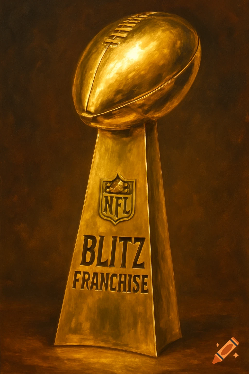 A golden football trophy with NFL Blitz Franchise text on it, depicted in a painterly style.