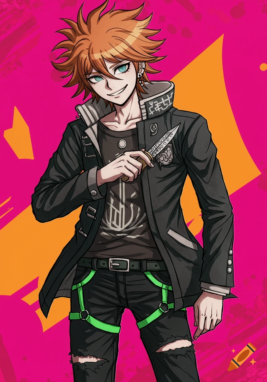 Anime character with orange spiky hair, black jacket, ripped pants, holding a knife against a pink background.