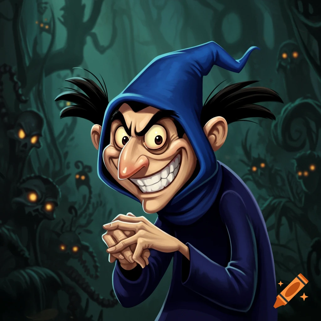 Cartoon illustration of a cackling hooded sorcerer rubbing his hands in a spooky forest.