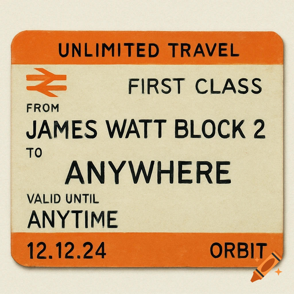 A vintage-style British Rail ticket with text for unlimited travel from James Watt Block 2 to Anywhere, valid until Anytime, with the date 12.12.24 and Orbit.