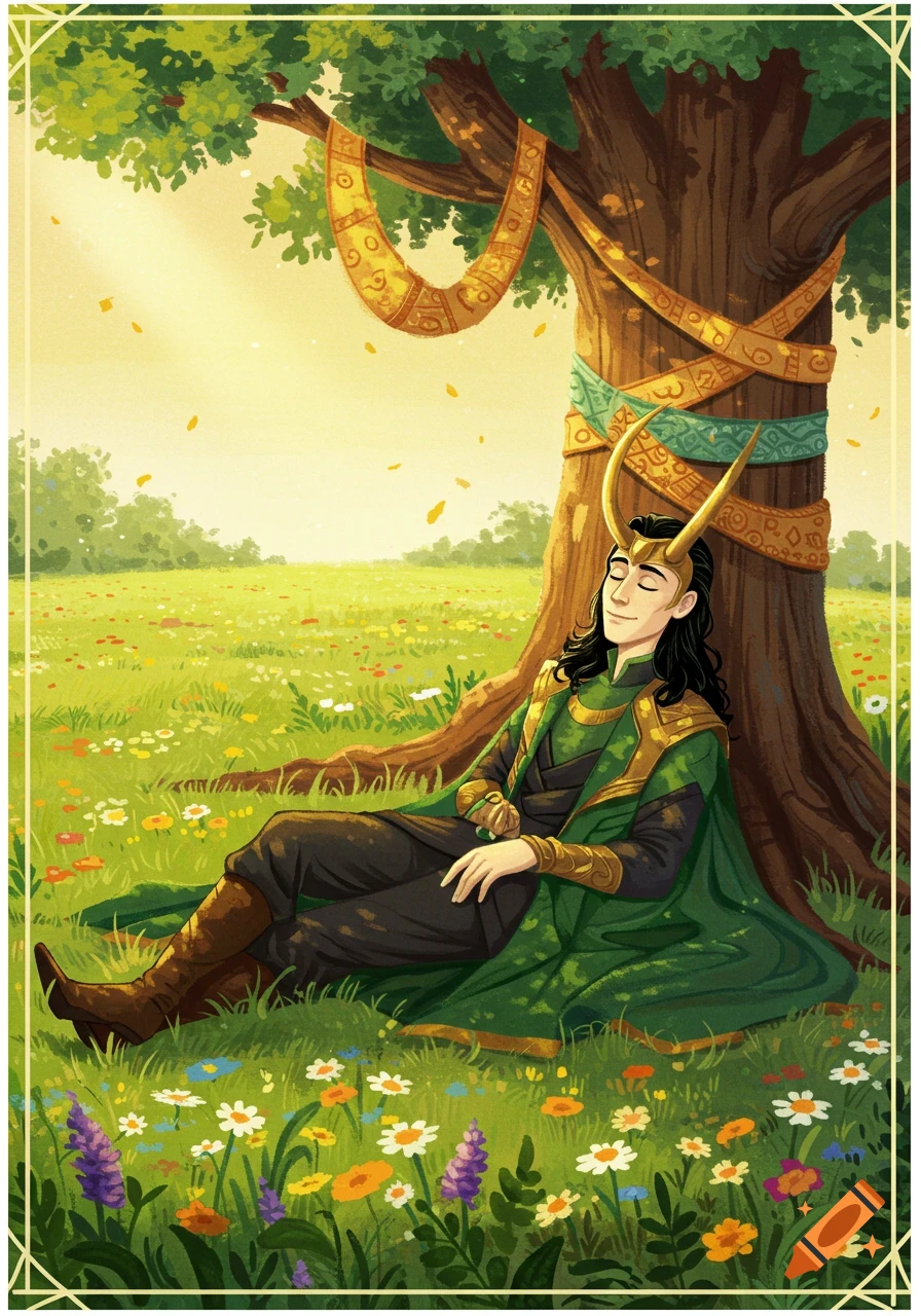 Illustration of Loki with golden horns and green cape sleeping under a tree in a field of flowers.