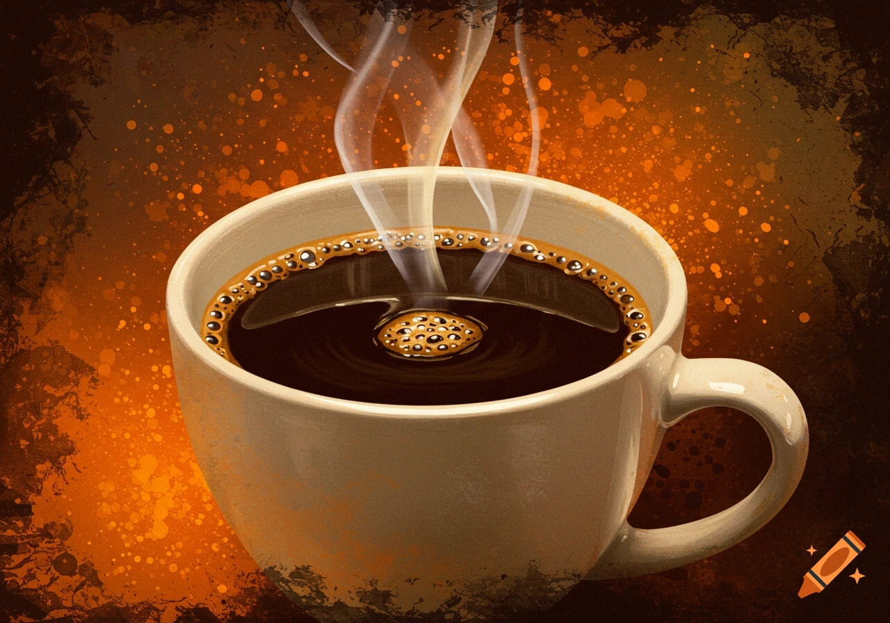 Close-up illustration of a steaming cup of coffee with foam and a grunge background