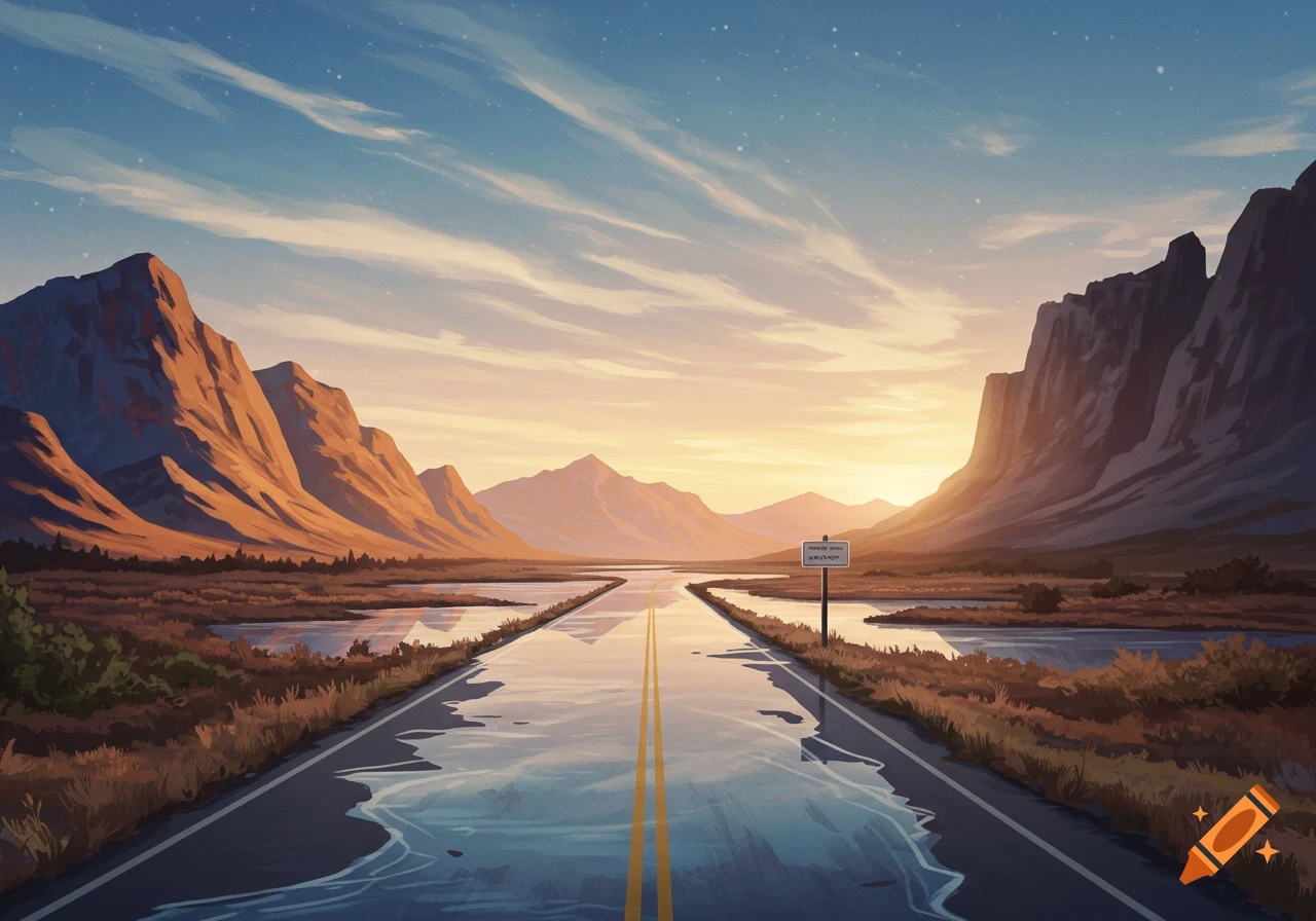 A road covered in water runs through a mountain valley at sunset. A sign is on the side of the road.