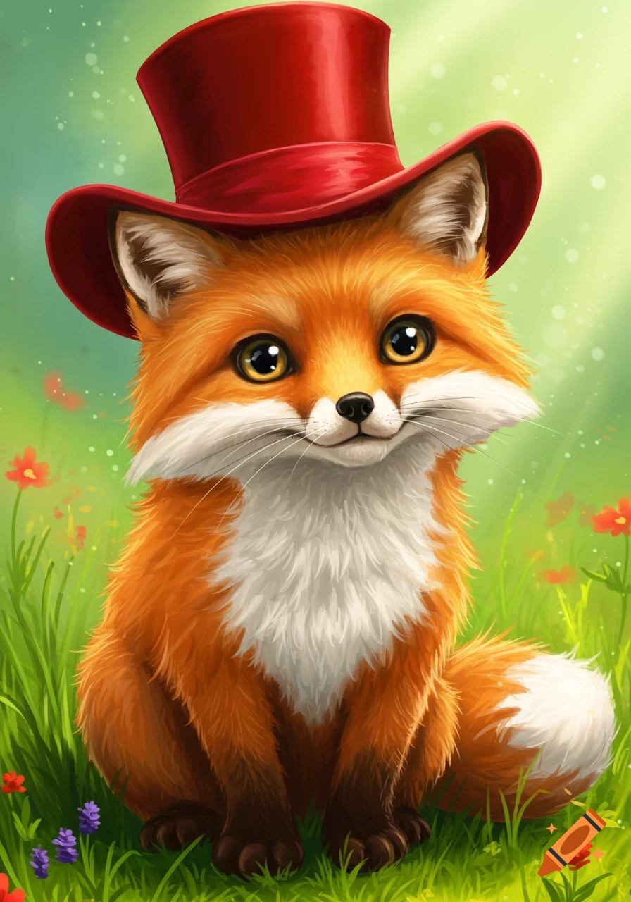 A cute fox wearing a red top hat sits in a sunny field among flowers ...