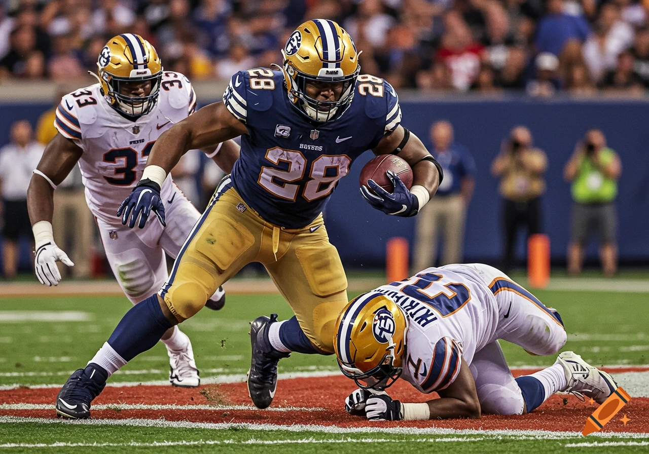 A football player runs with the ball while another player tackles him.