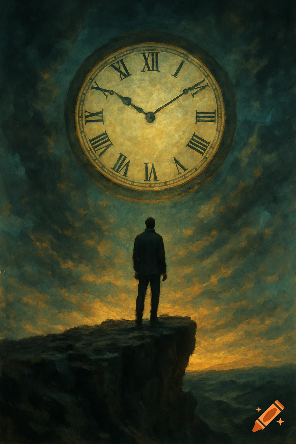 A man stands on a cliff, looking up at a giant clock in a stormy sky, painted style.
