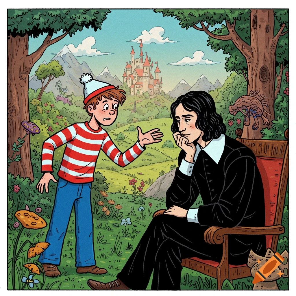 Cartoon of a character resembling Waldo talking to a Hamlet-like figure in a forest clearing with a castle in the background.