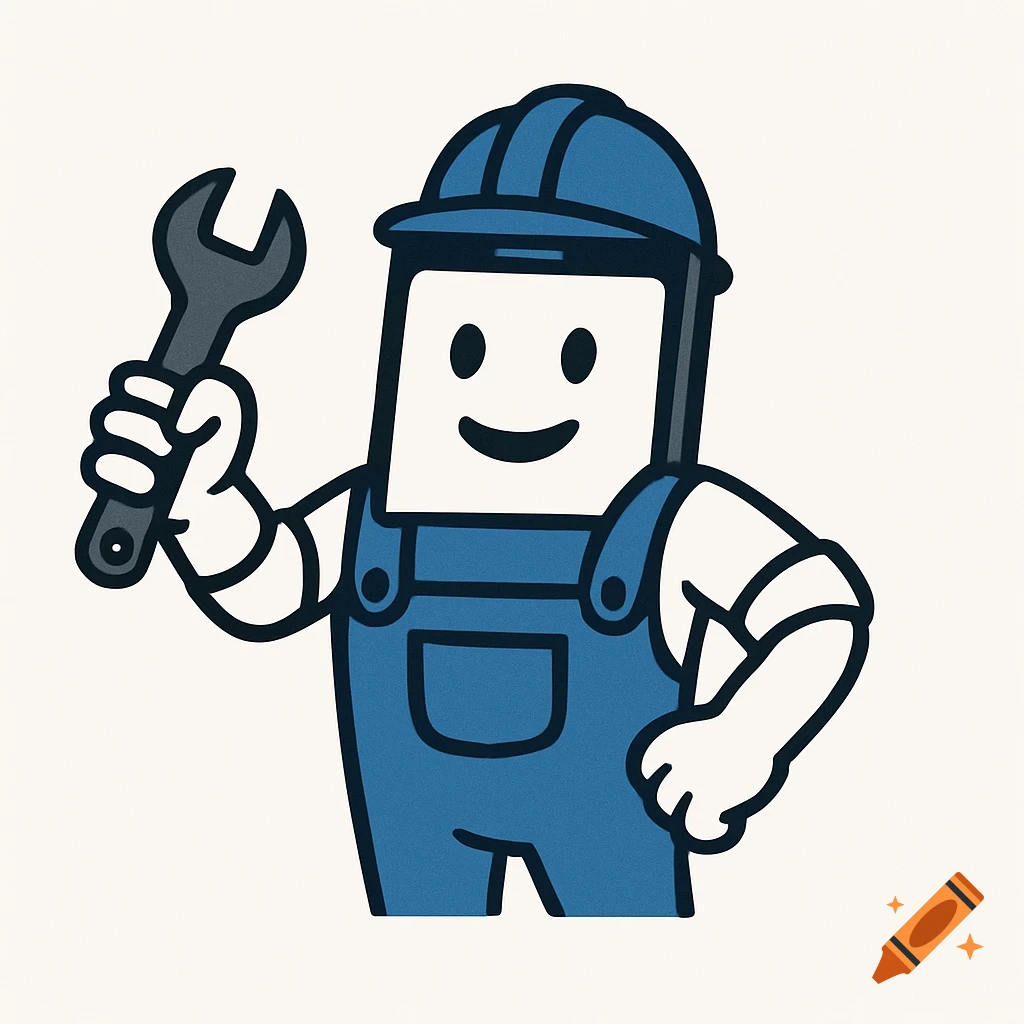 Cartoon logo of a handyman character with a phone for a body, holding a wrench.