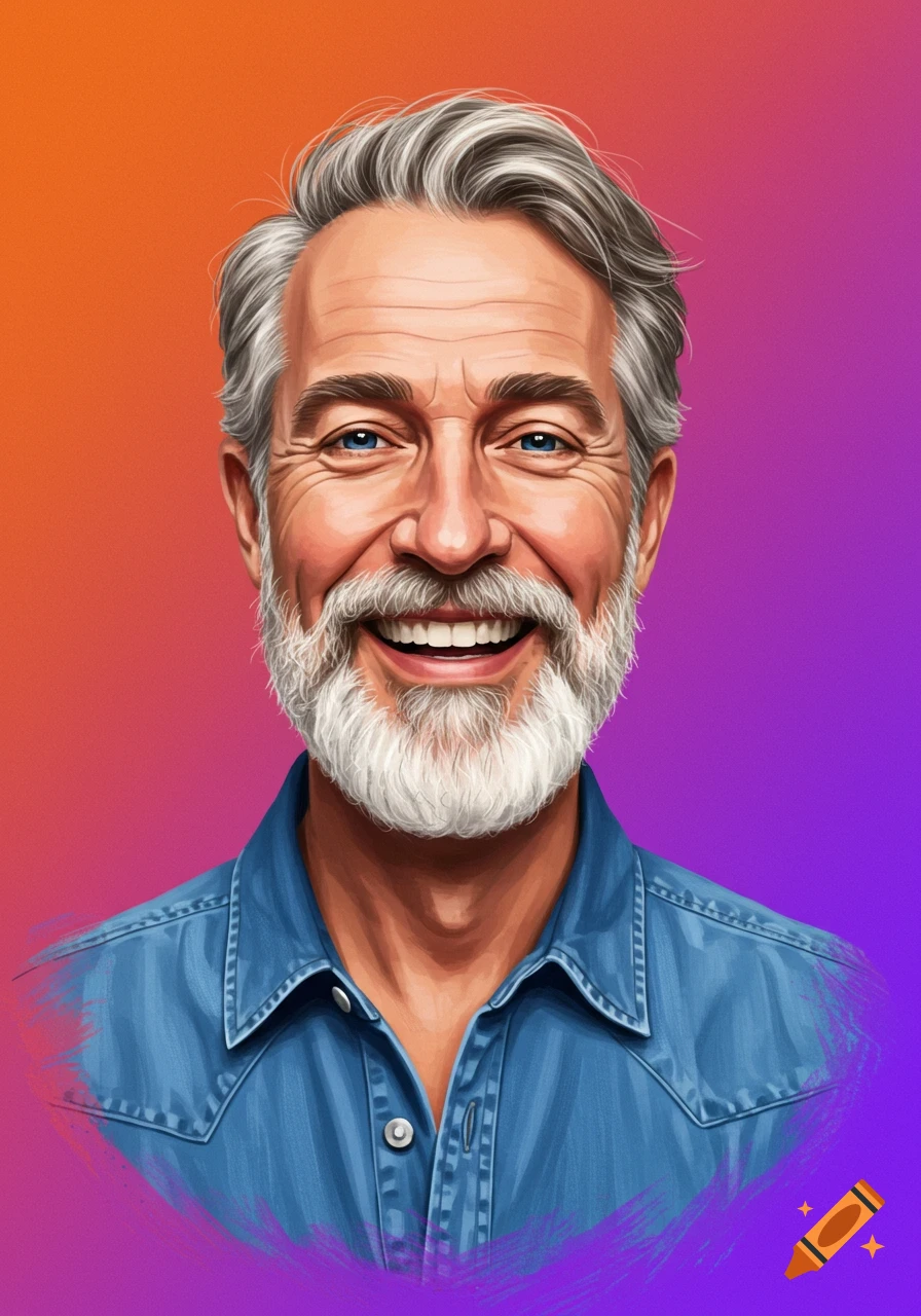 Stylized portrait of a smiling man with grey hair and beard wearing a blue shirt against a gradient background.