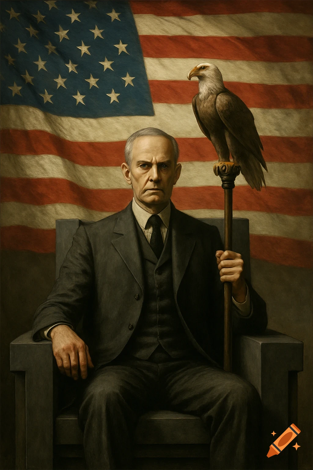 Painting of a man in a suit sitting in a chair with an eagle on a staff beside him and an American flag behind