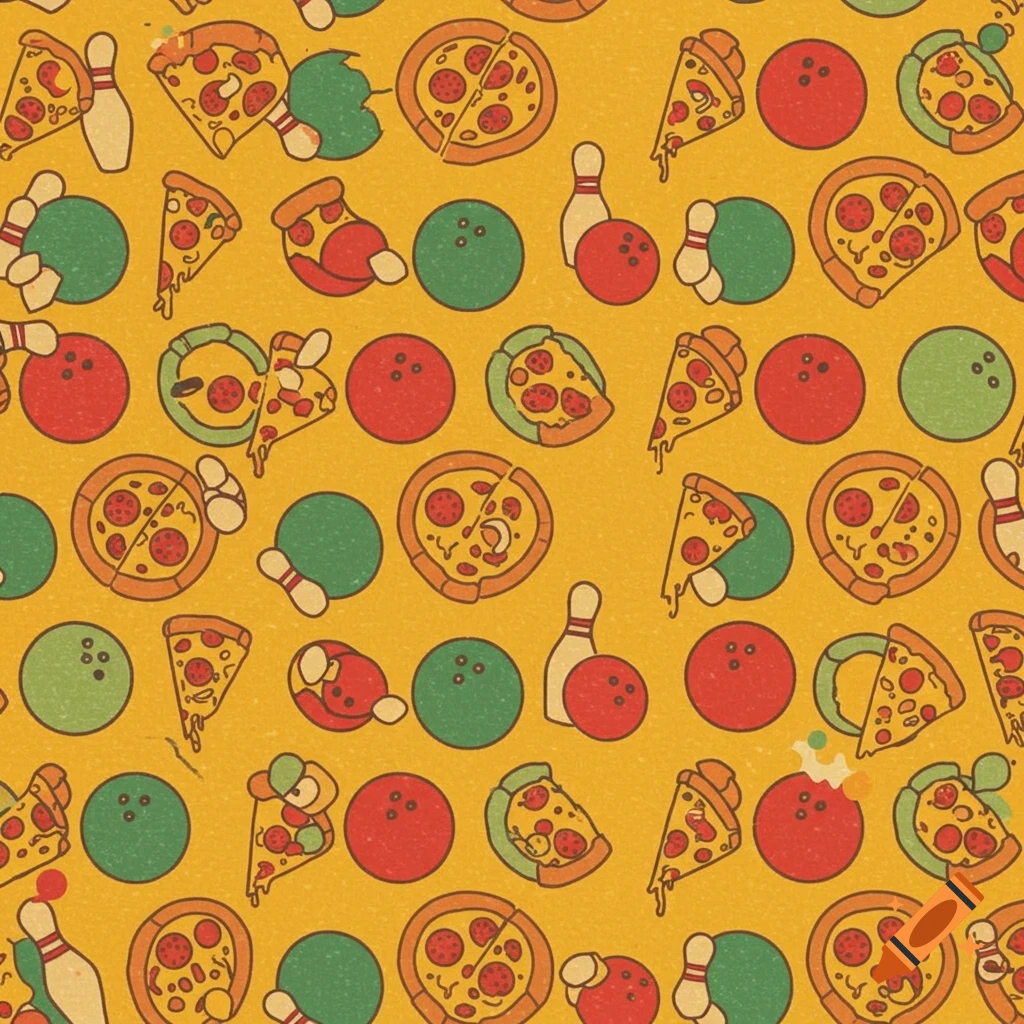 A seamless pattern of cartoon pizza slices, whole pizzas, bowling balls, and bowling pins on a yellow background.