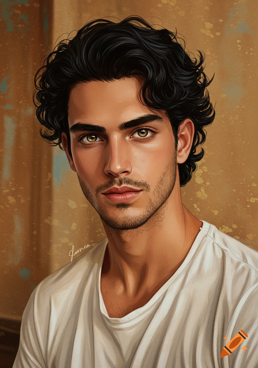 A digital painting portrait of a man with wavy black hair and hazel eyes.