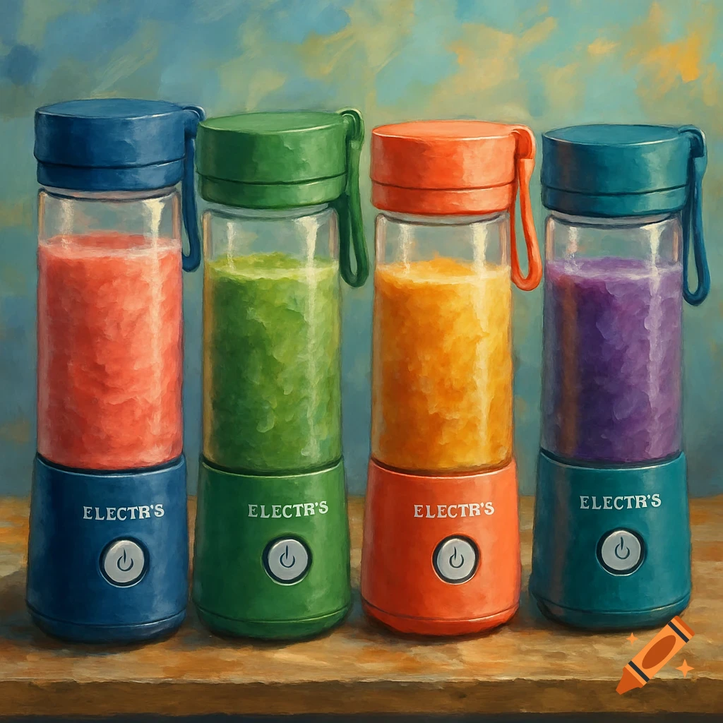 Four colorful portable blenders filled with smoothies in a painterly style