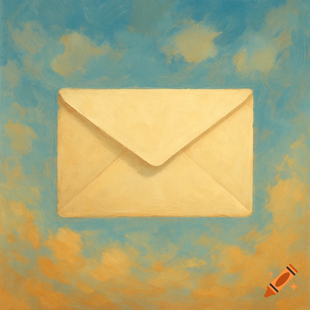 A painting of a yellow envelope floating in a cloudy sky.