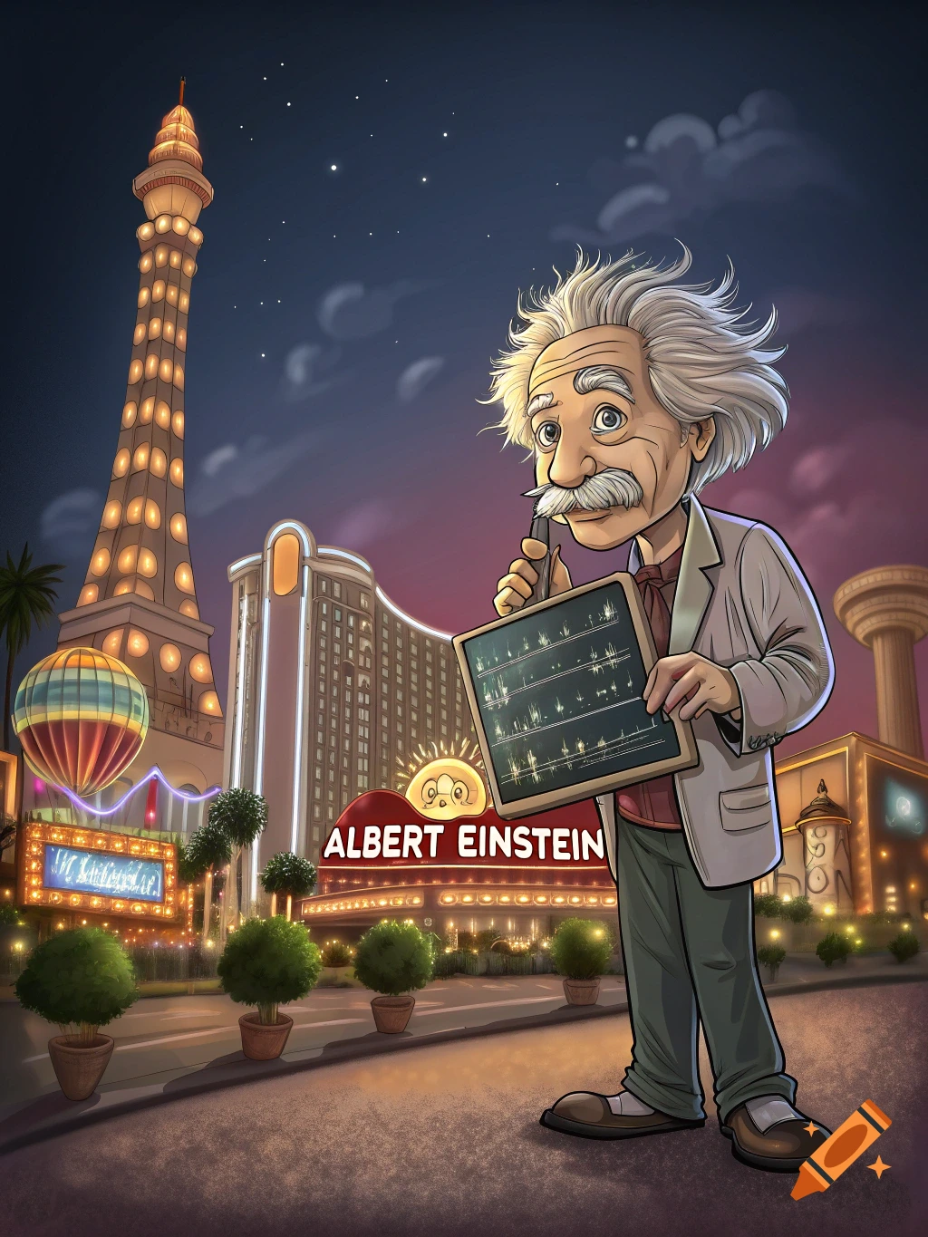 Cartoon of Albert Einstein in Las Vegas holding a board, with the Paris Las Vegas Eiffel Tower replica and a hotel sign reading 'ALBERT EINSTEIN' in the background.