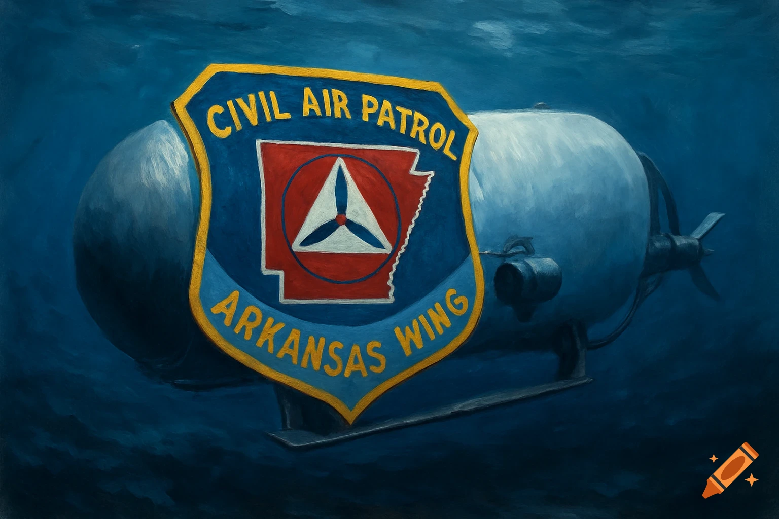 Painted image of a Civil Air Patrol Arkansas Wing patch underwater next to a submersible.