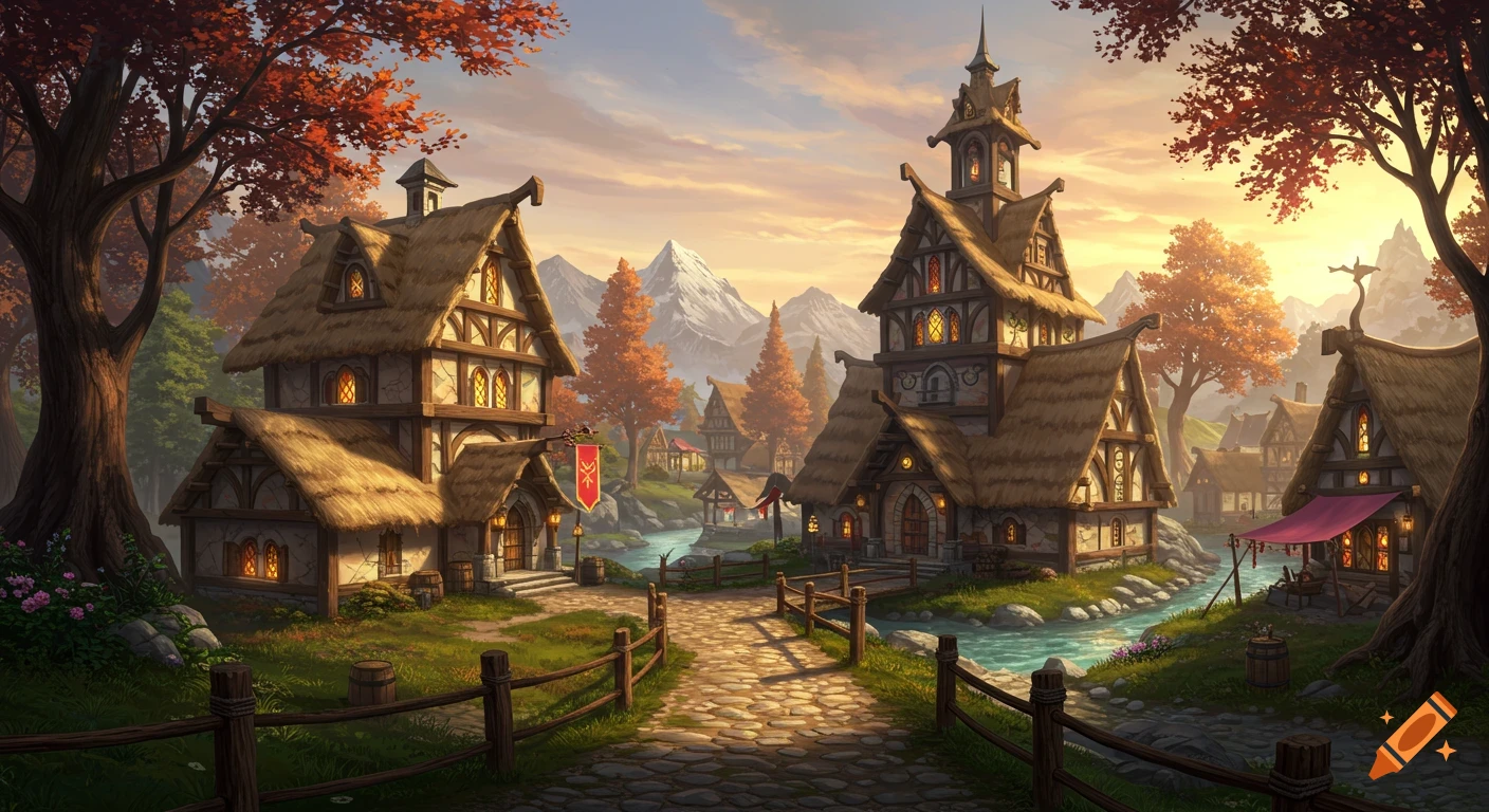 A fantasy village with thatched-roof buildings beside a river at sunset, with autumn trees and mountains.