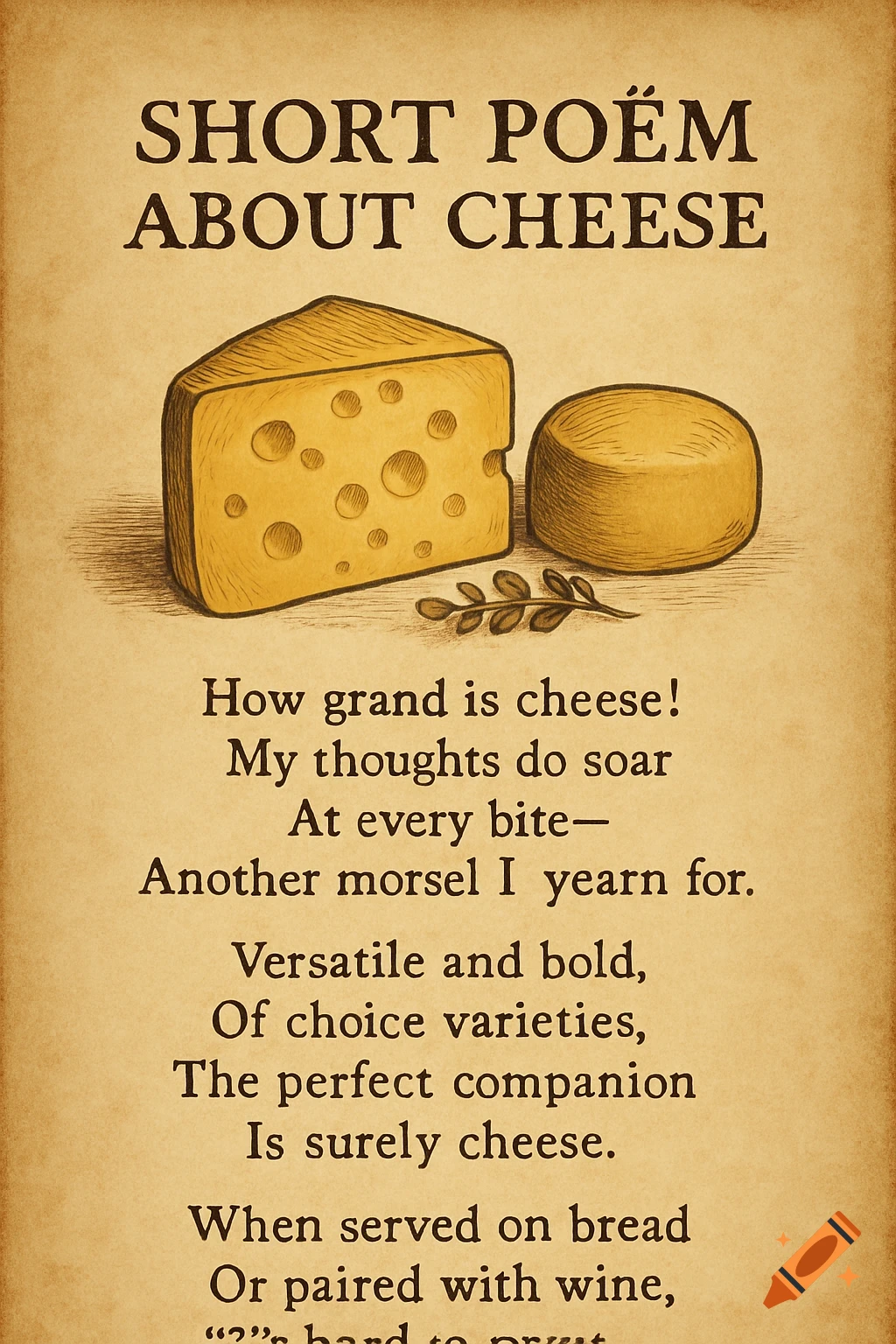 An illustration of a wedge and a wheel of cheese next to a short poem about cheese on a textured background.