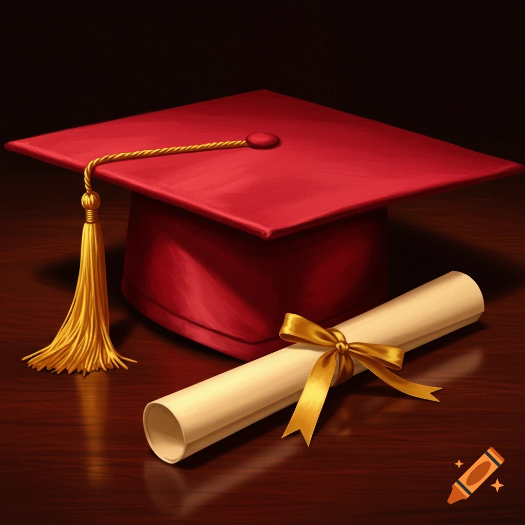 A red graduation cap and a diploma tied with a gold ribbon rest on a wooden table.