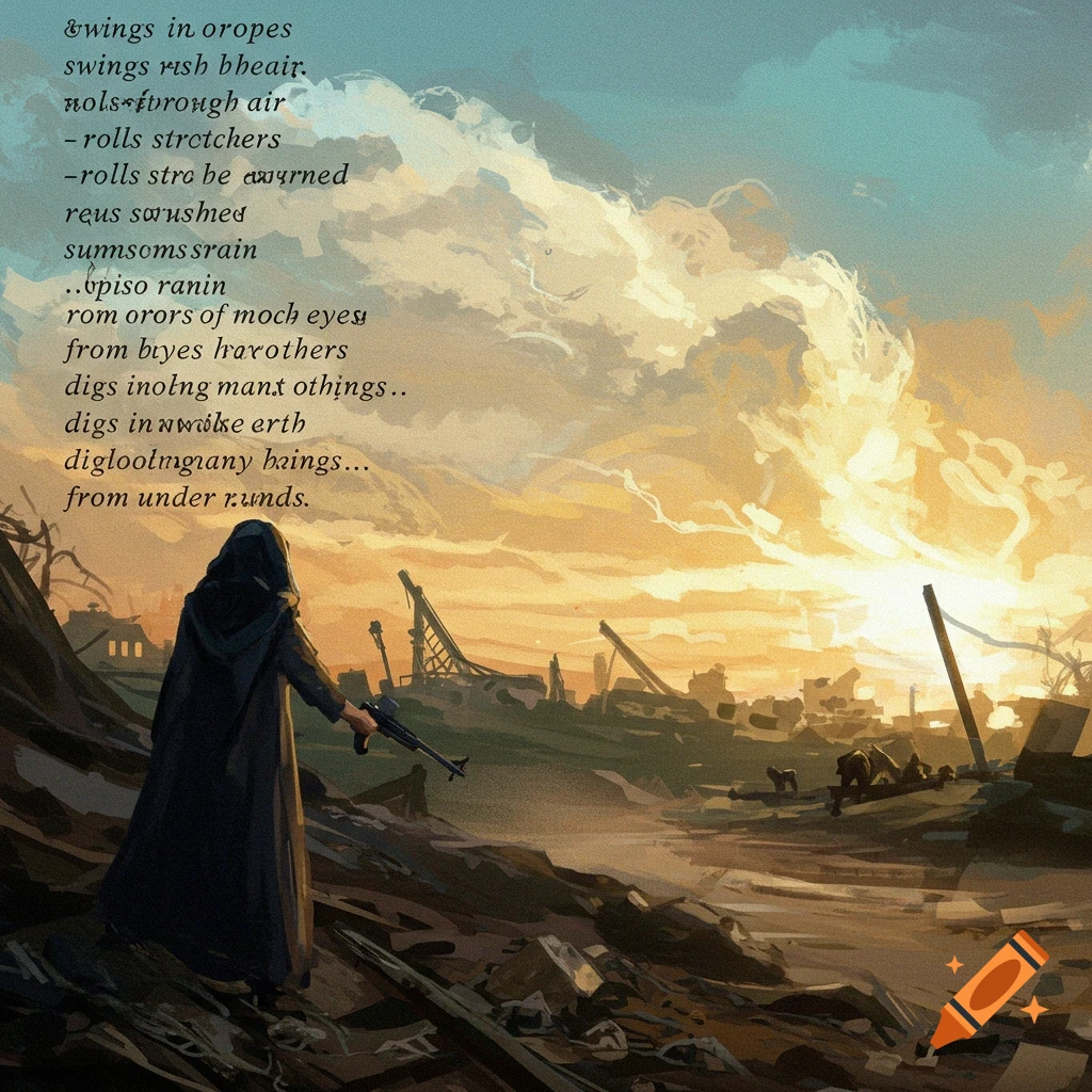 A cloaked figure with a rifle overlooks a destroyed city landscape at sunset. Garbled text is overlaid on the sky.