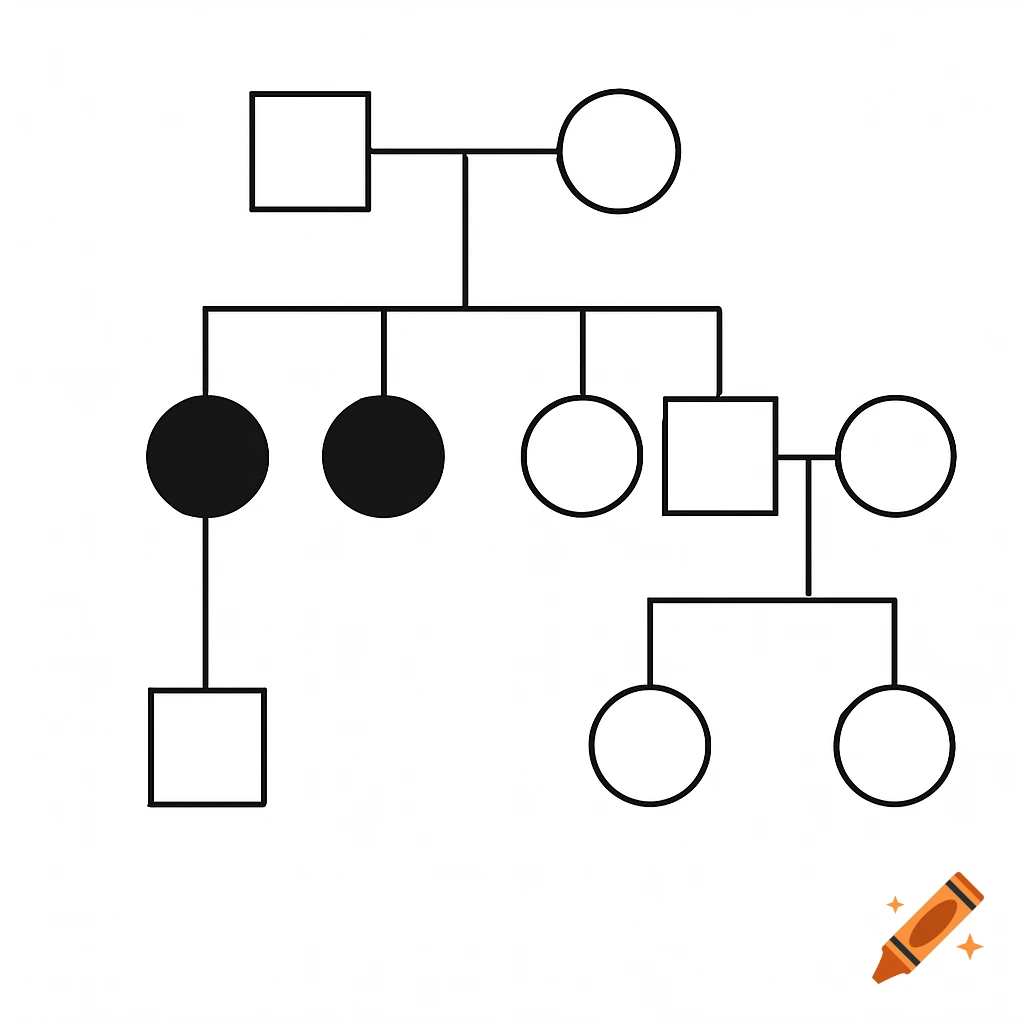 A black and white pedigree chart diagram with circles and squares.