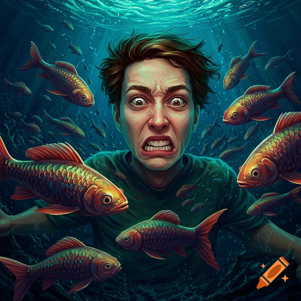 A person looks terrified underwater, surrounded by fish.