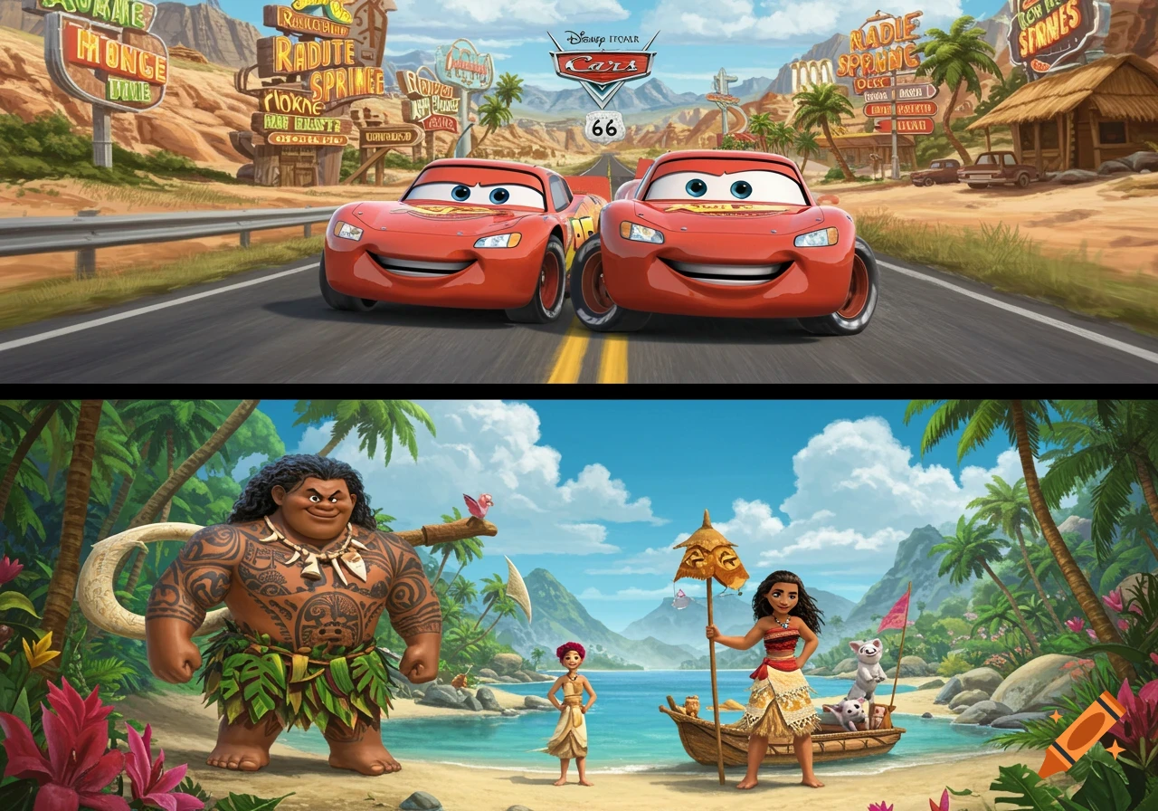 A split image showing Lightning McQueen from Cars on a road above and characters from Moana on a tropical beach below.