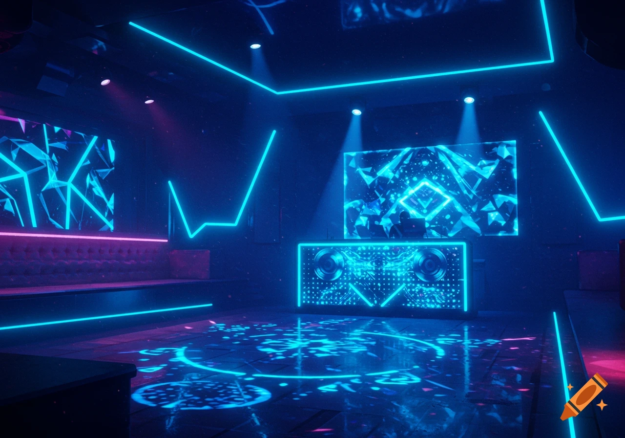 An empty nightclub with blue and pink neon lights and abstract patterns on the floor and screens.