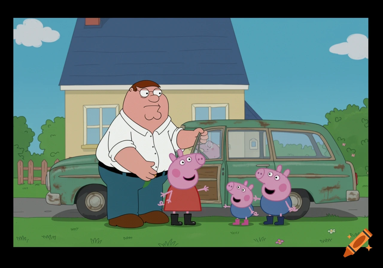 Peter Griffin stands next to Peppa Pig and George Pig near a car in a cartoon scene.