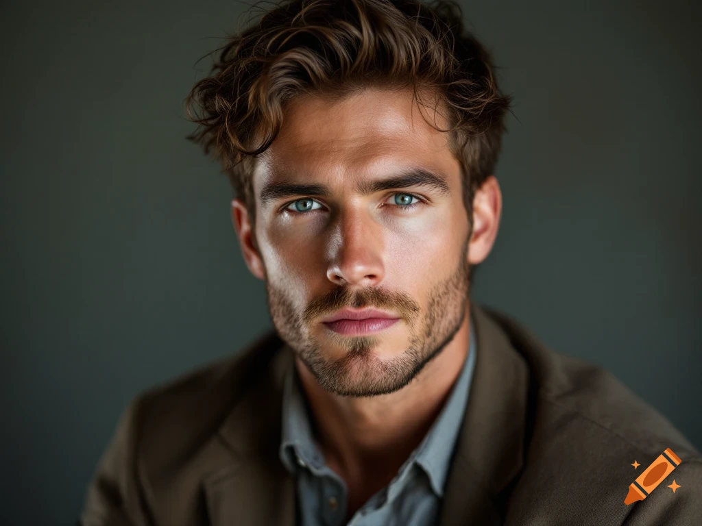 Close-up portrait of a man with green eyes and wavy brown hair, wearing a brown jacket.