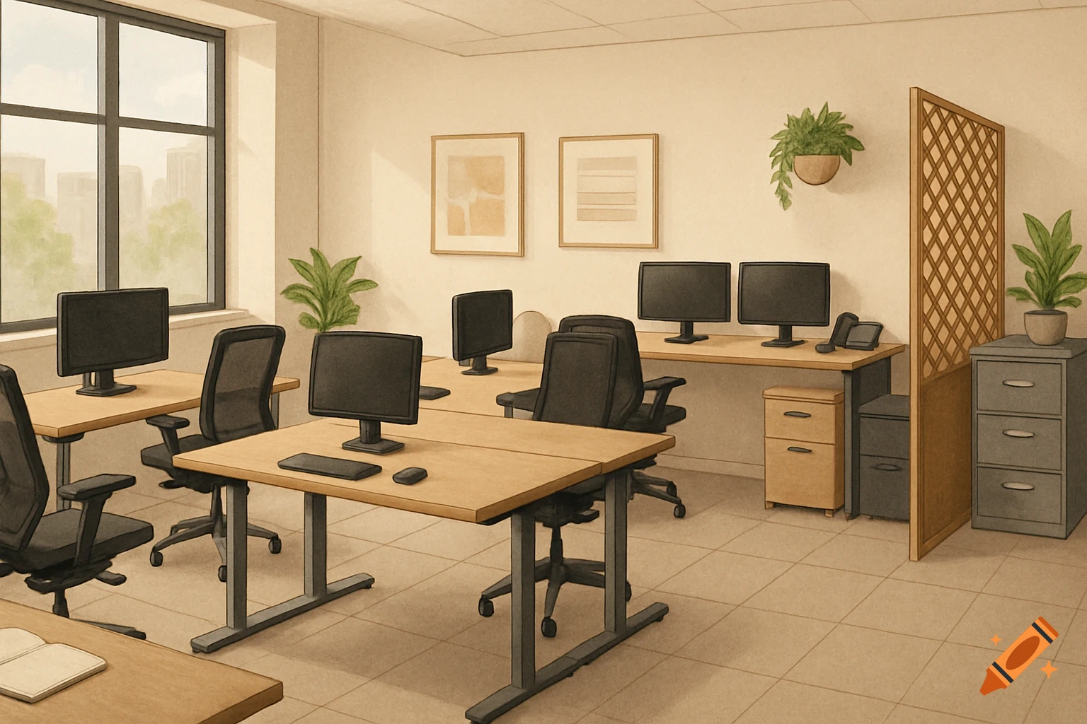 An office interior with desks, chairs, computers, plants, and a window view of buildings. Styled like an illustration.
