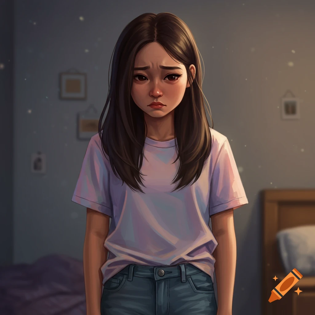 Stylized illustration of a sad young girl in a dimly lit bedroom.