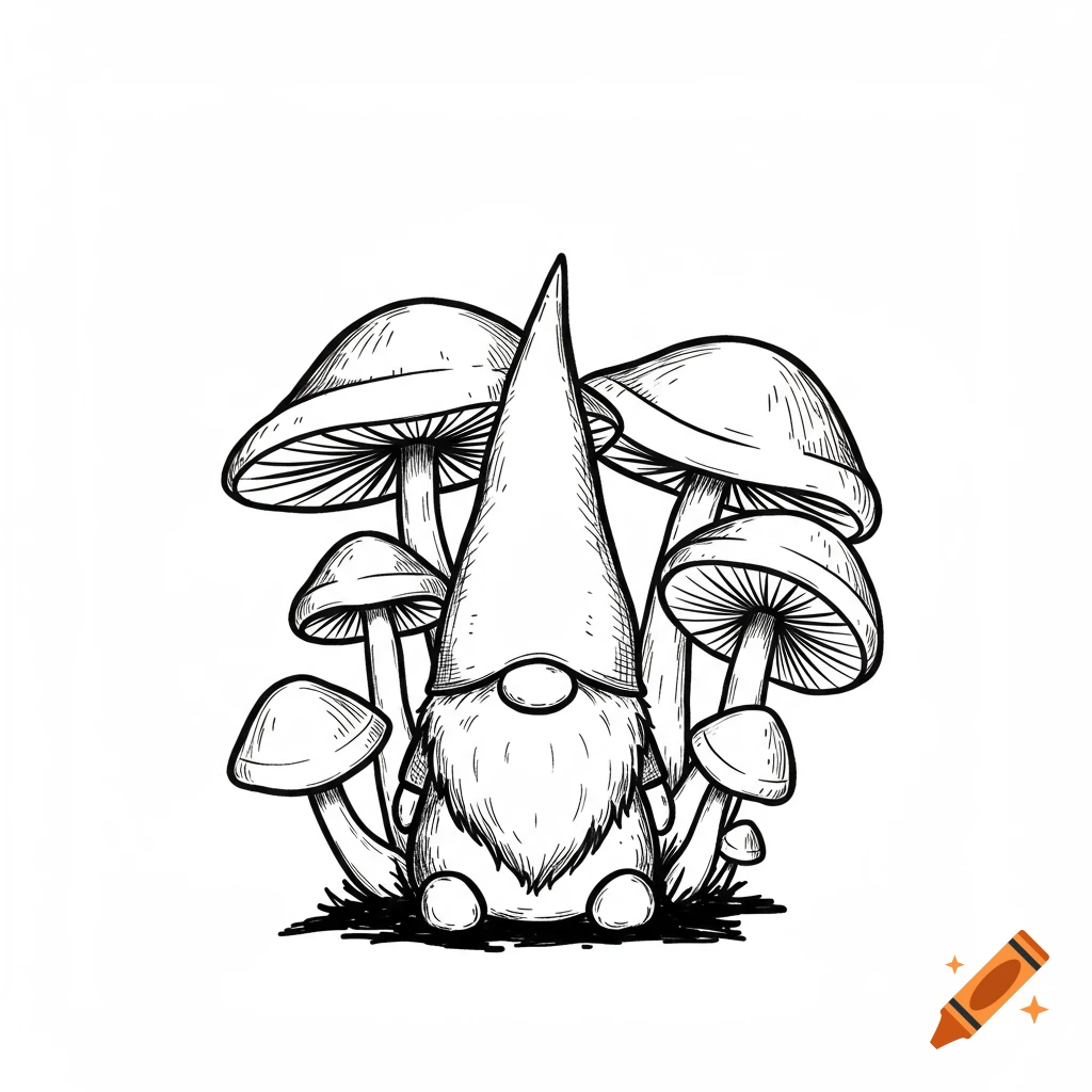 A black and white line drawing of a gnome sitting among mushrooms.