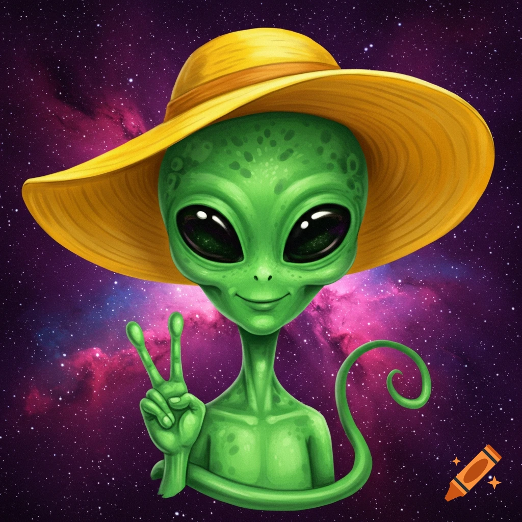 A friendly green alien wearing a wide-brimmed yellow hat gives a peace sign against a starry galaxy background.