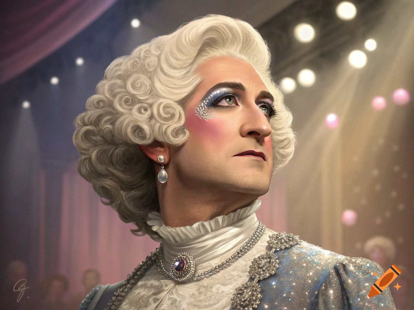 Close-up portrait of a drag queen in ornate white wig and sparkling costume under stage lights