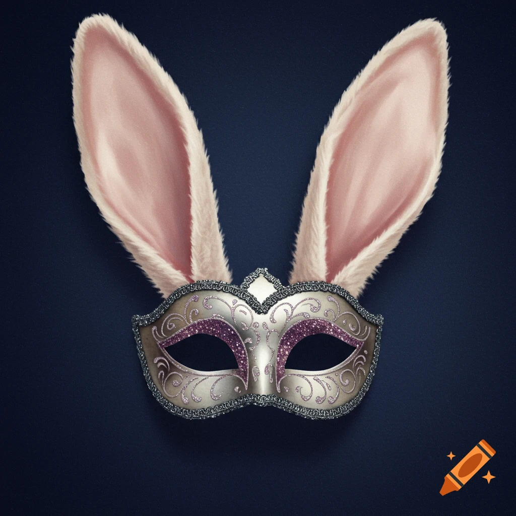 A silver and pink Venetian half-mask with bunny ears on a dark background.