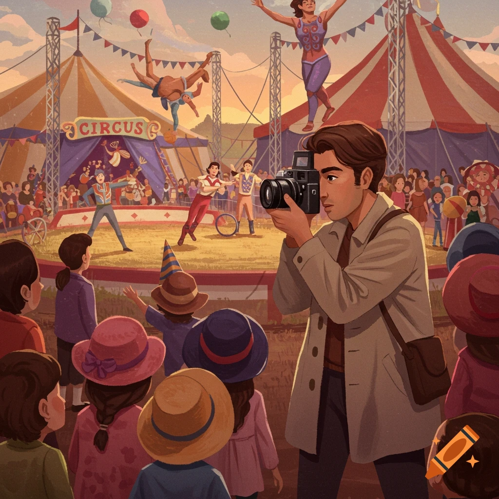 Illustration of a photographer taking pictures at a circus with performers and audience.