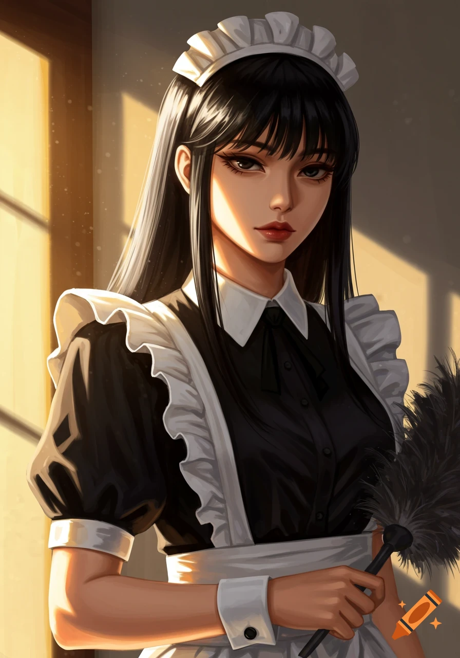 Digital painting of a young woman with black hair wearing a maid outfit and holding a feather duster.