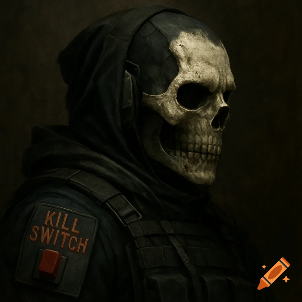 A person wearing a skull mask and hood with tactical gear and a 'KILL SWITCH' patch.